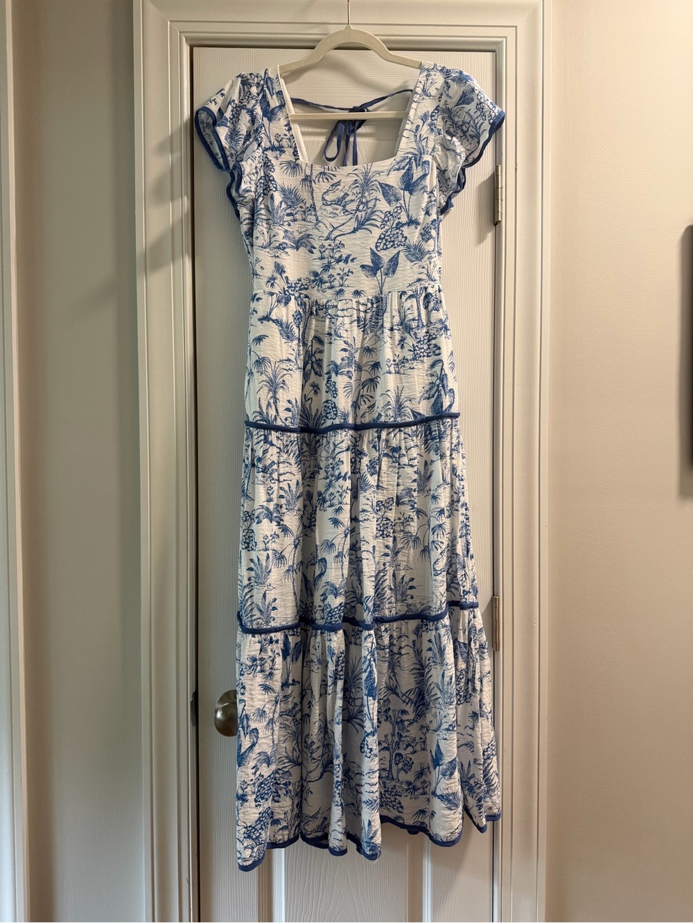 Blue & White Floral Tiered Maxi Dress with Square Neck